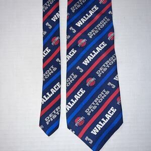 Vtg Detroit Pistons Silk Tie Ben Wallace 3 NBA Basketball Mens Blue Red Striped
